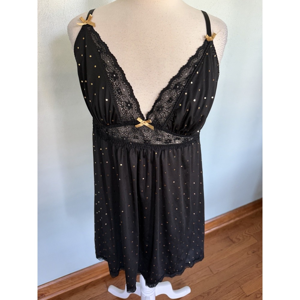 Torrid black lingerie babydoll chemise metallic foil polka dots floral lace Sz 2
